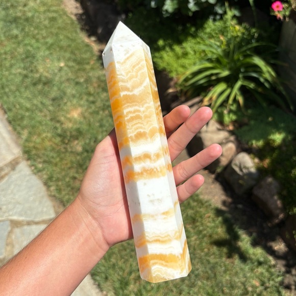 Imperfect - Large Yellow Banded Calcite Tower - 1.77 Pounds and 9.25 Inches Tall - Picture 11 of 13